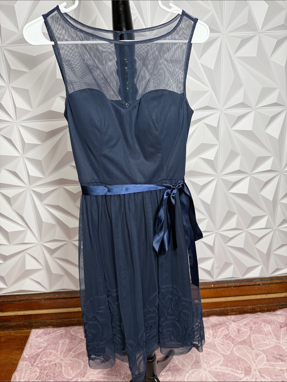Eliza J Navy Mesh Overlay Midi Dress with Satin Tie